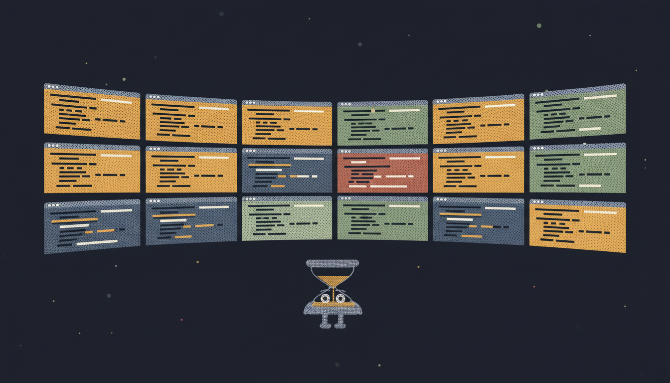 A 6x3 grid of terminal cards in mixed amber, green and red states, with Tock supervising the wall from below
